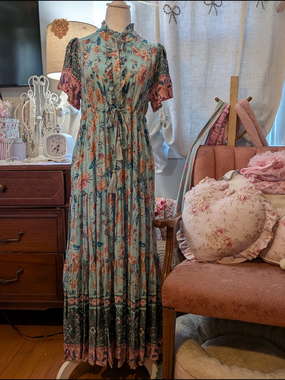 easel Floral Ruffle Maxi Dress in Aqua and Peach